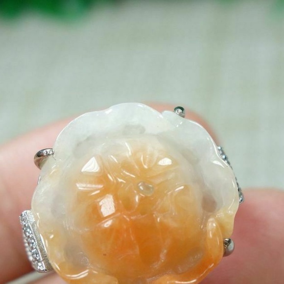 Certified Yellow 100% natural A jadeite jade Ring~Rich Flower 戒指 - Picture 8 of 12